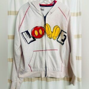 Disney White, Dark Pink and Red Hoodie Sweatshirt, Ribbed Cuffs Front Zip Large